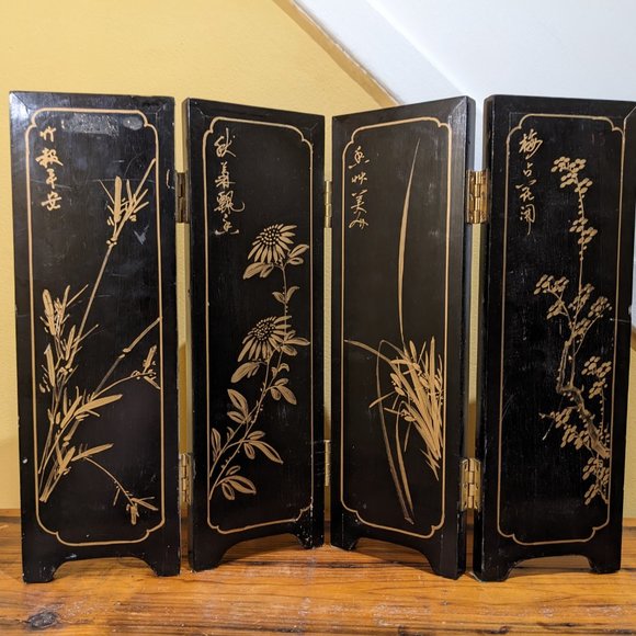 Vintage Asian Geisha Folding Tabletop Screen Divider - black lacquer wood screen - Picture 11 of 15